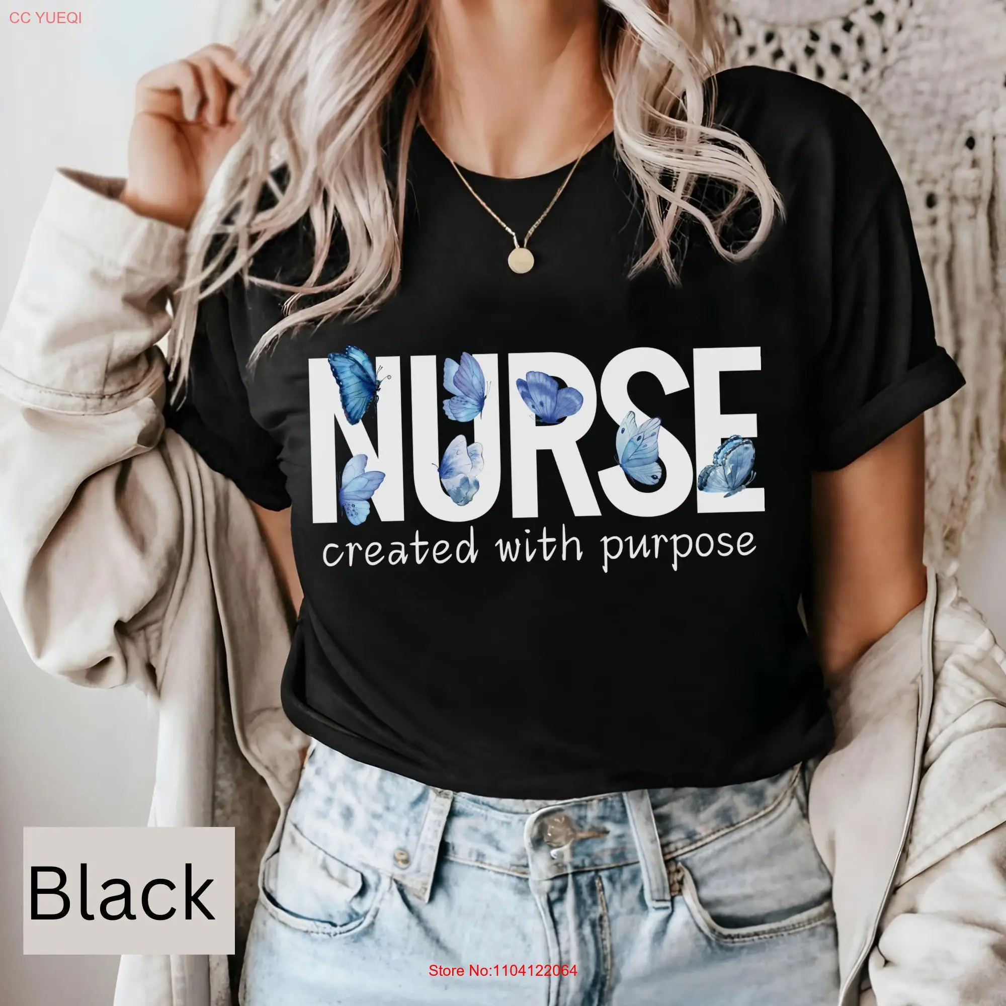 

Butterflies Christian Nurse T Shirt Catholic Religious Created With Purpose long or short sleeves