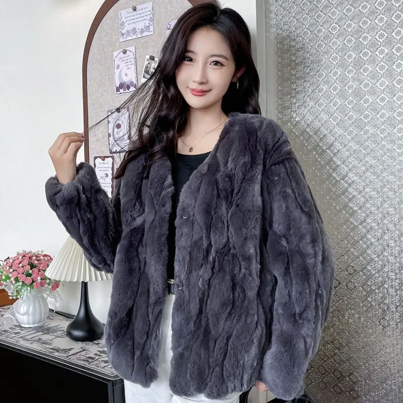 

Winter Fur Coat For Women Elegant Fluffy Real Rex Rabbit Fur Coat V-neck Long Sleeve Natural Luxury Women's Fur Jackets Clothing