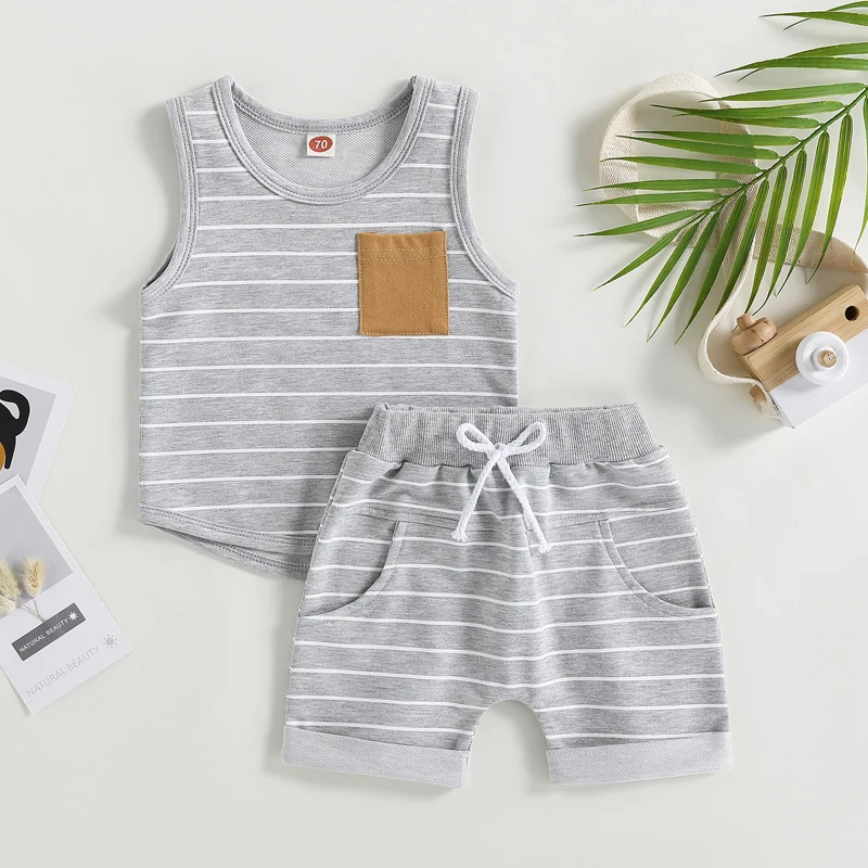 Toddler Newborn Baby Boys Summer 2Pcs Shorts Set Outfit Short Sleeve Crew Neck Striped T-shirt with Elastic Waist Shorts Set