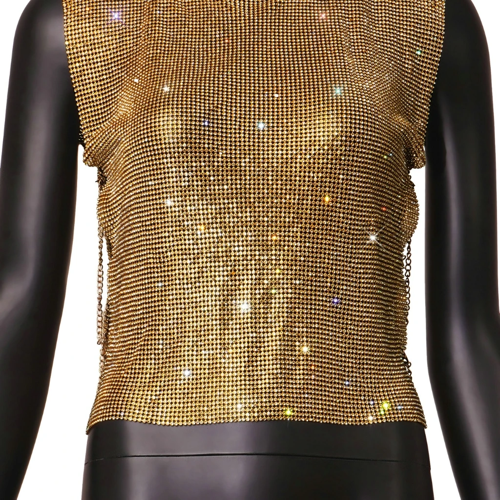 

Flash Diamond Turtleneck Metal Vest Best-Selling Rhinestone Top for Hot Girl Party European And American Style Women's Fashion