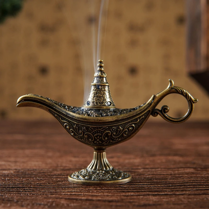 Brûleur d'encens en alliage Lampe Magique d'Aladdin, sans bâtonnets, pour poudre d'agarwood et bois de santal, purifie l'air