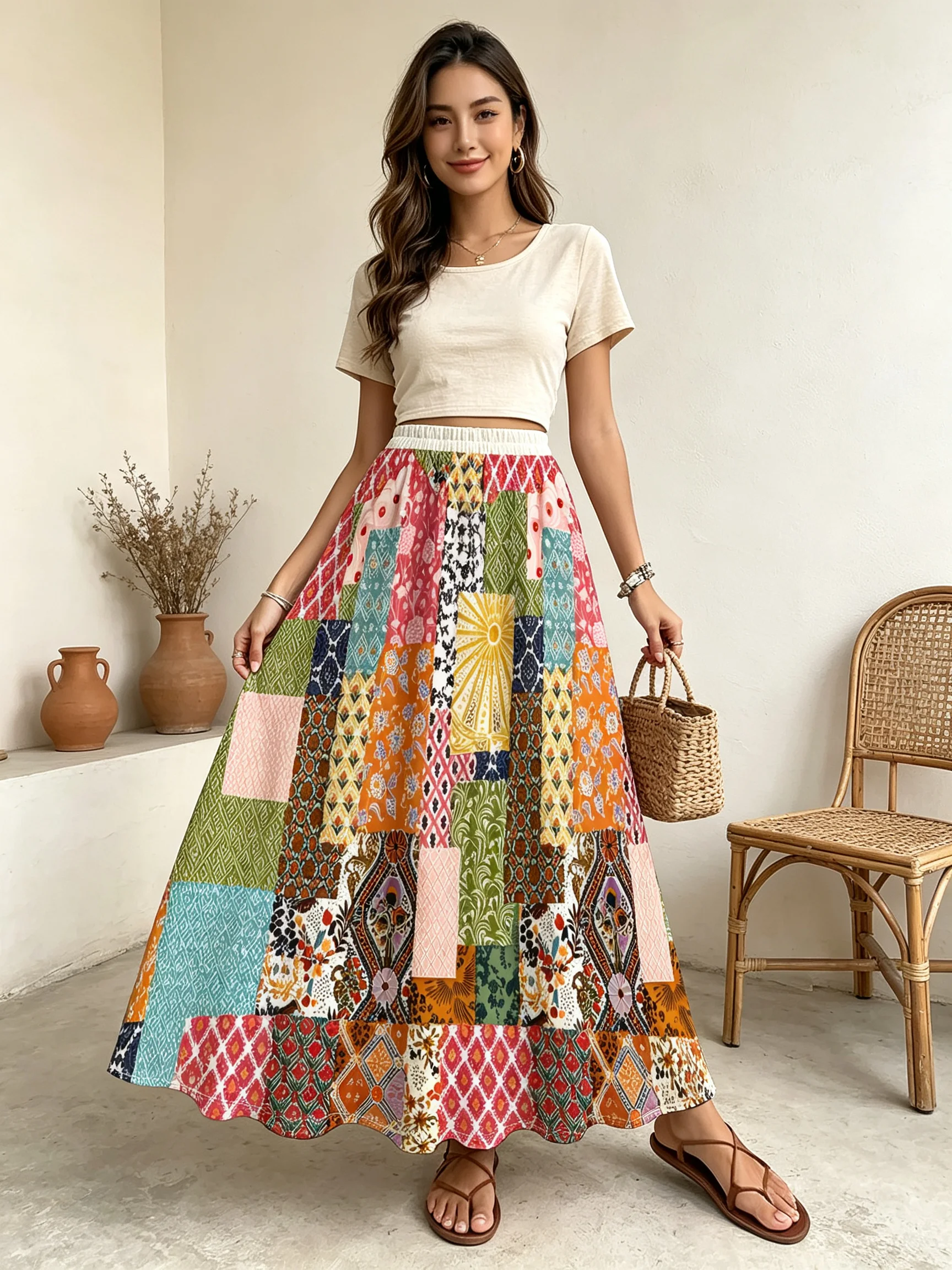 Plus Size Women'S Mid-Length Skirt, Vintage Floral Geometric Print, High-Waist A-Line Cut Casual/Party Wear