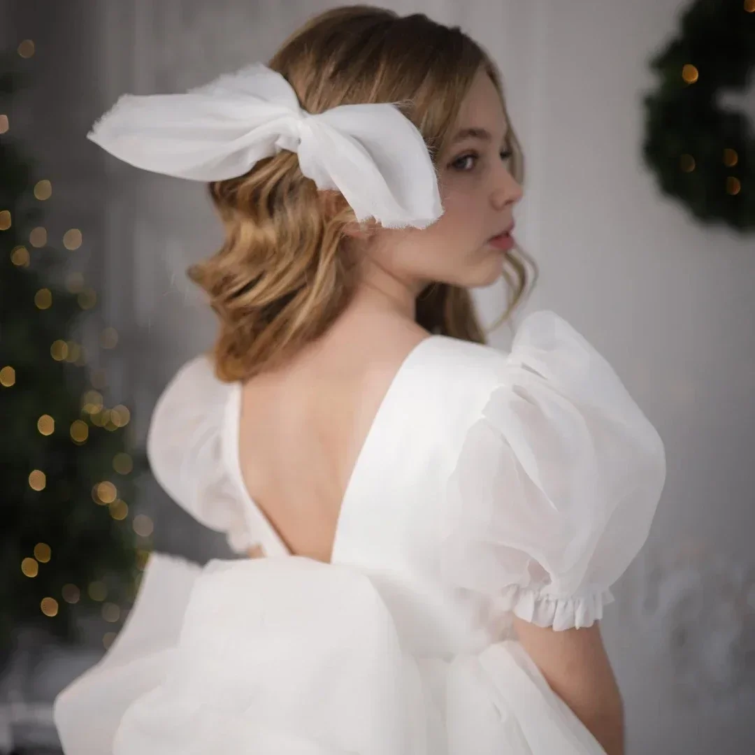 Vestidos de comunión Vestidos de niña de flores personalizados Tul de organza blanco con lazo Manga corta para boda Cumpleaños Baile de graduación Banquete Santo