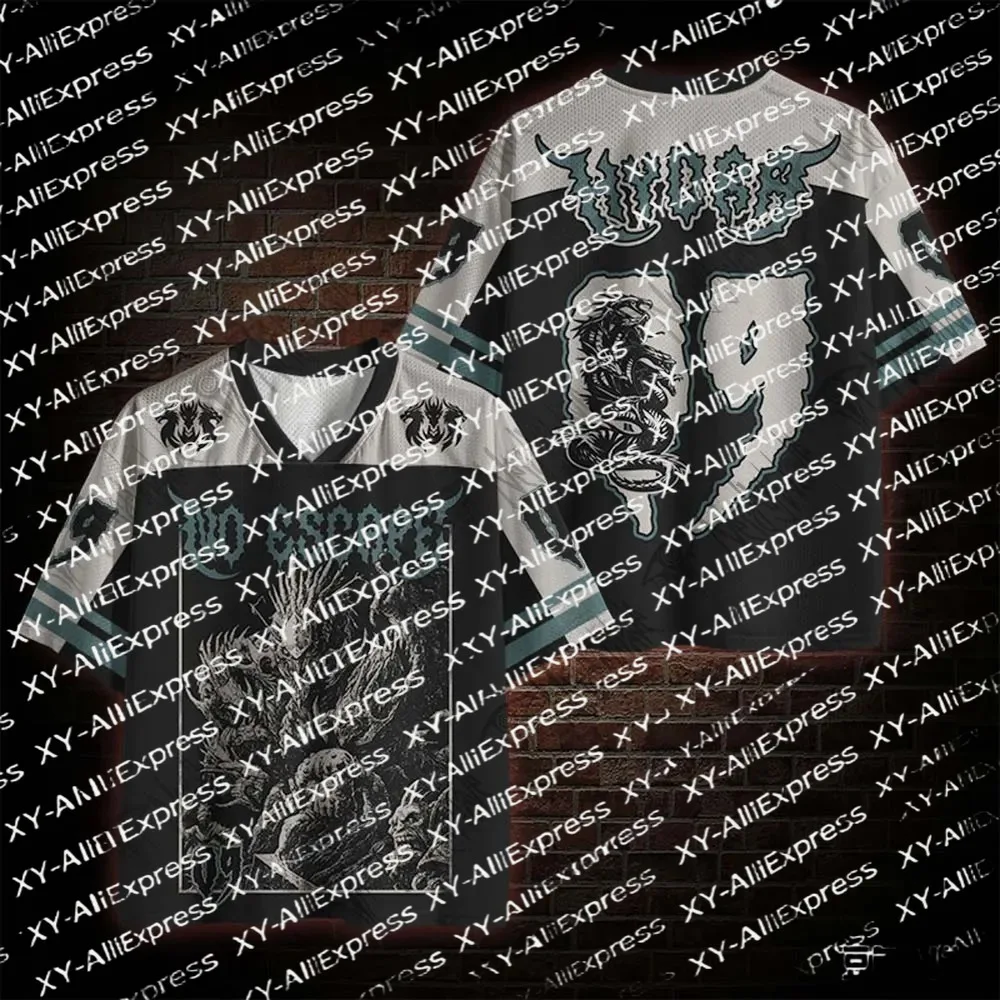Men V-Neck Mesh Short Sleeve Jersey, Black White Hydra Monster Number09 Graphic, Lightweight Mesh Top for Metal Street Wear