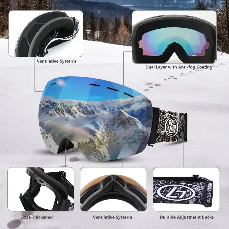 Obaolay Ski Mask Sports Skiing Glasses Winter Snow Goggles Can Wear Helmets Double-Sided Anti-Fog HD Lense Snowboard Accessories