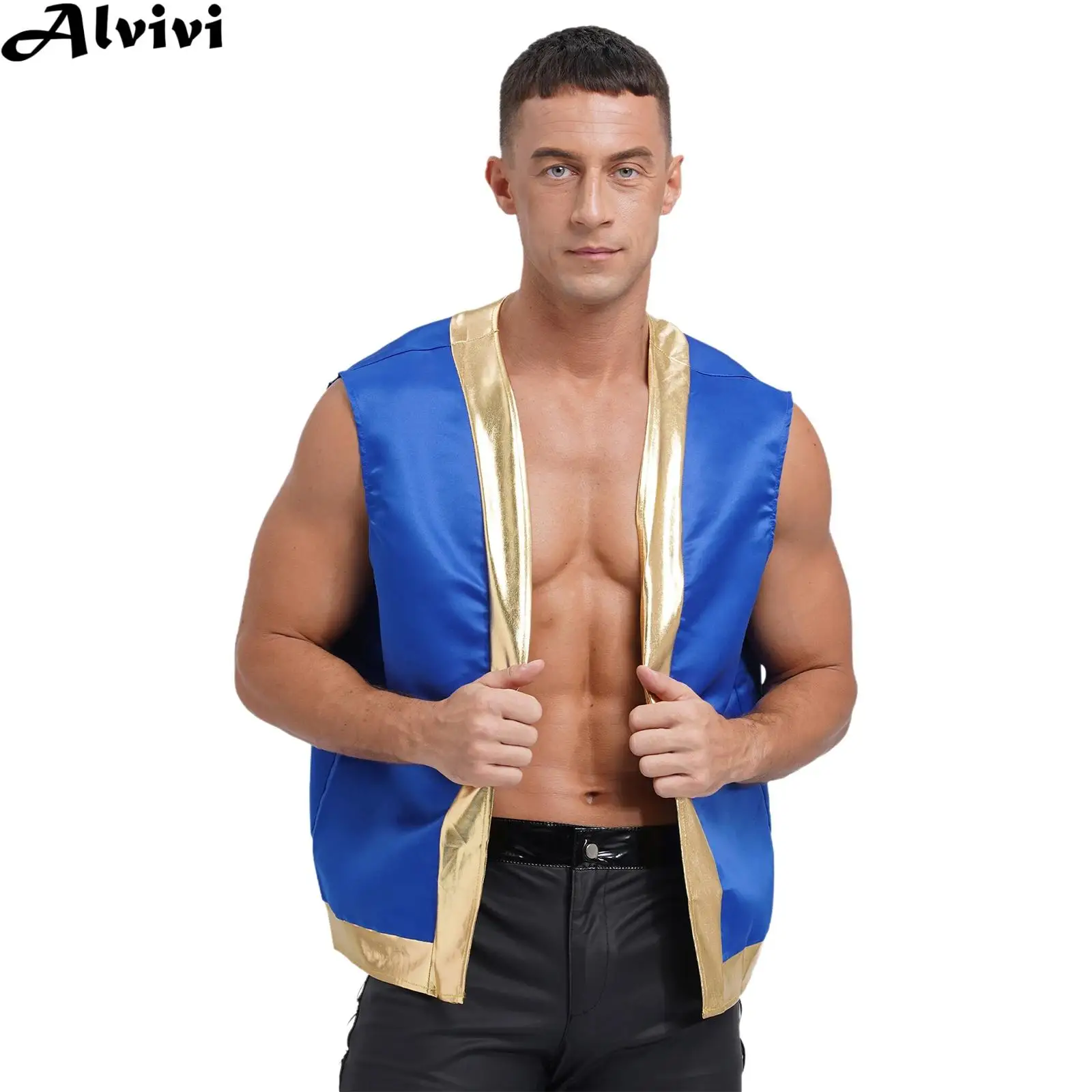 

Мужской жилет с открытой передней металлической отделкой, жилет на Хэллоуин, карнавал, тематическая вечеринка, жаба, мультяшный капитан, арабский принц, карнавальный костюм