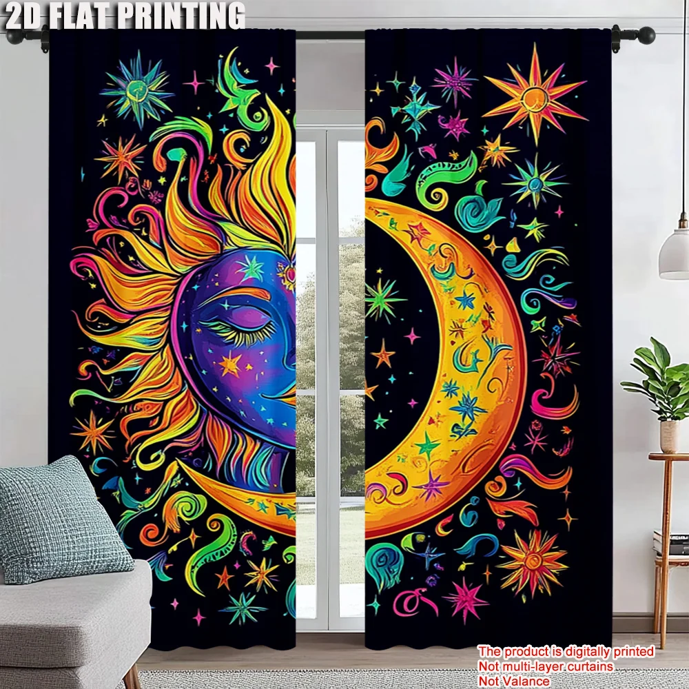 

2Pcs Abstract Sun Moon Pattern Window Curtains Rod Pocket Fantasy Style Decorative Curtain For Kitchen Living Room Office