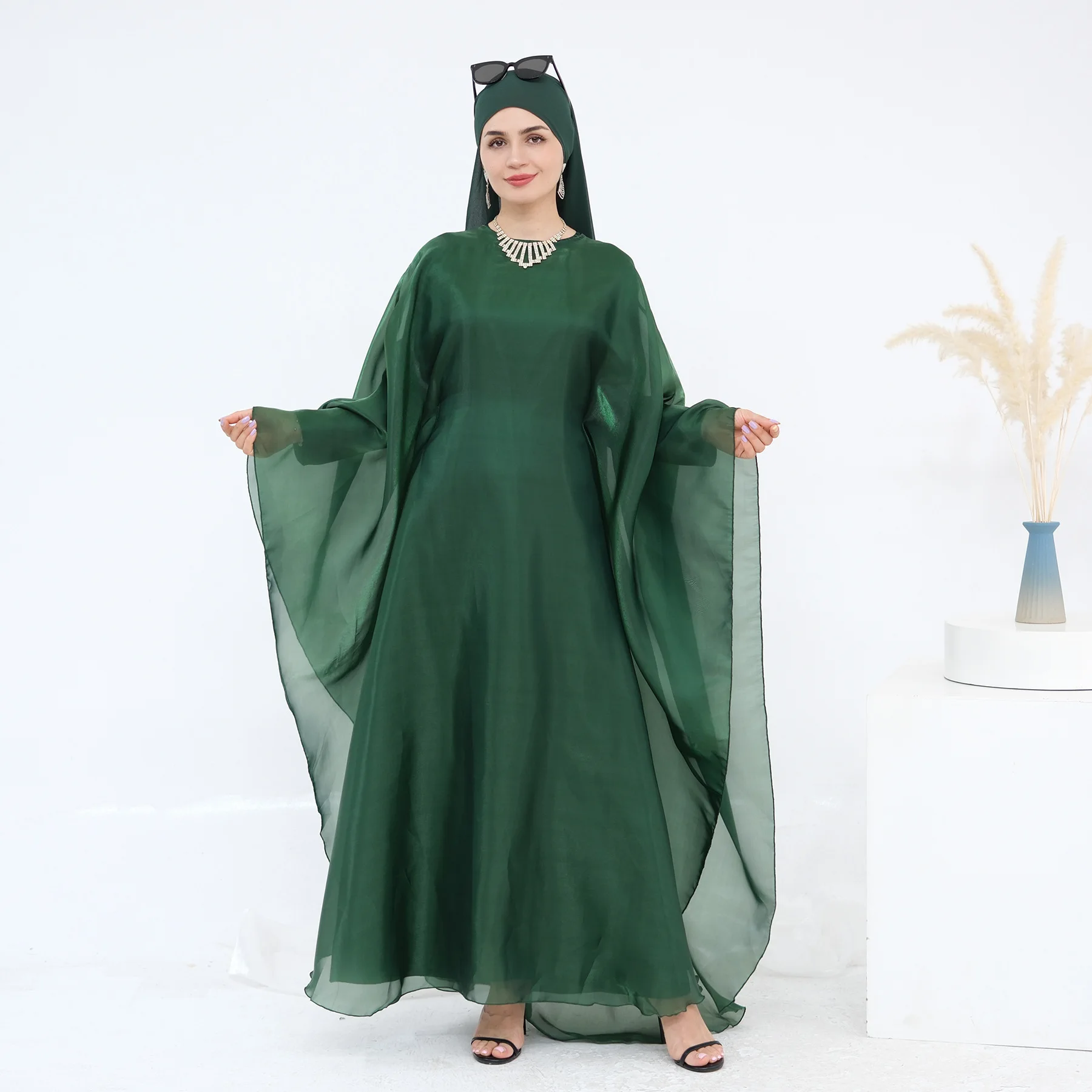 Zweiteiliges Set für Damen, Abaya + Hijab-Set, modisch, Übergröße, langes Kleid, muslimische islamische Kleidung mit Innenkleid, Schal-Anzug