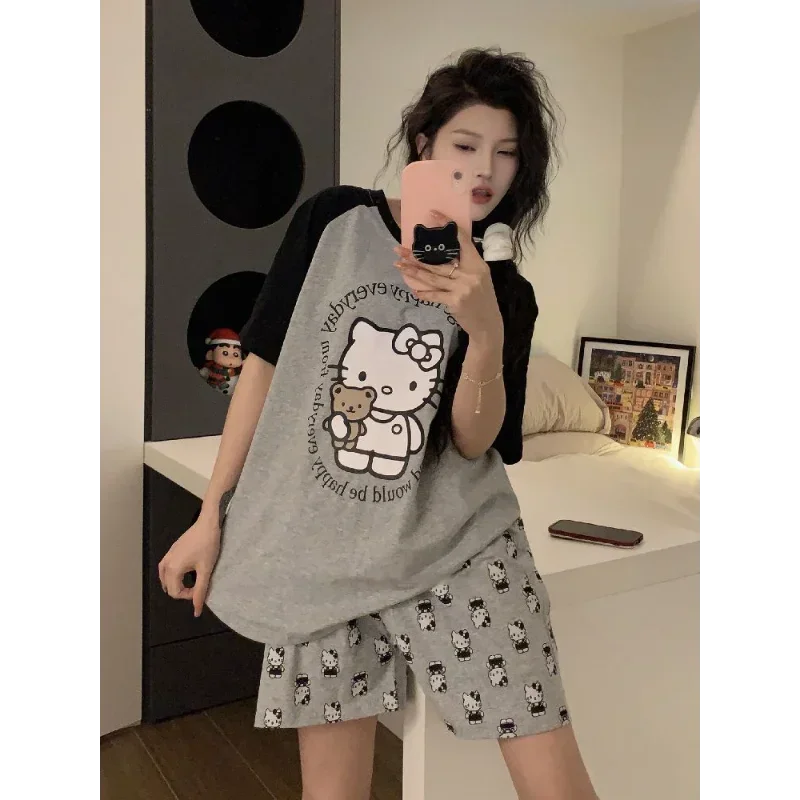 Sanrio Hello Kitty Summer Autumn Short Long Casual Cartoon Women\'s Pajamas Homewear Silk Pajamas Women\'s Sleepwear Suit