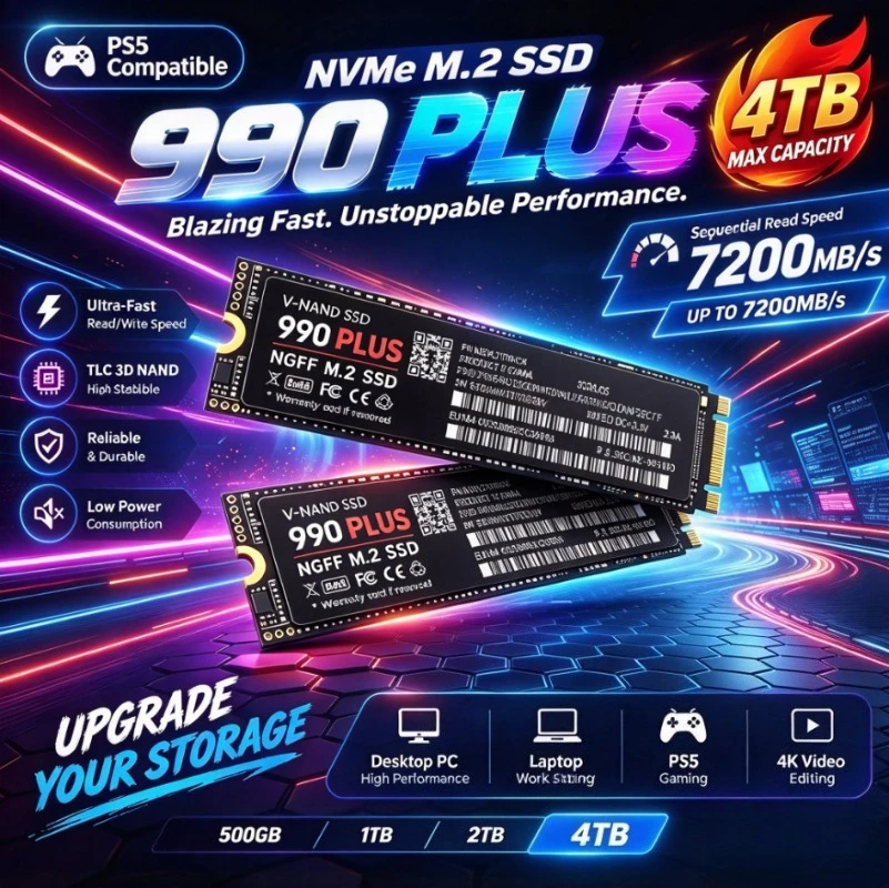 990PLUS M.2 2280 NGFF SSD,7200MB/s PCIe4.0,500GB/1TB/2TB/4TB High Speed Internal SSD for Laptop,Desktop PC & Gaming Storage