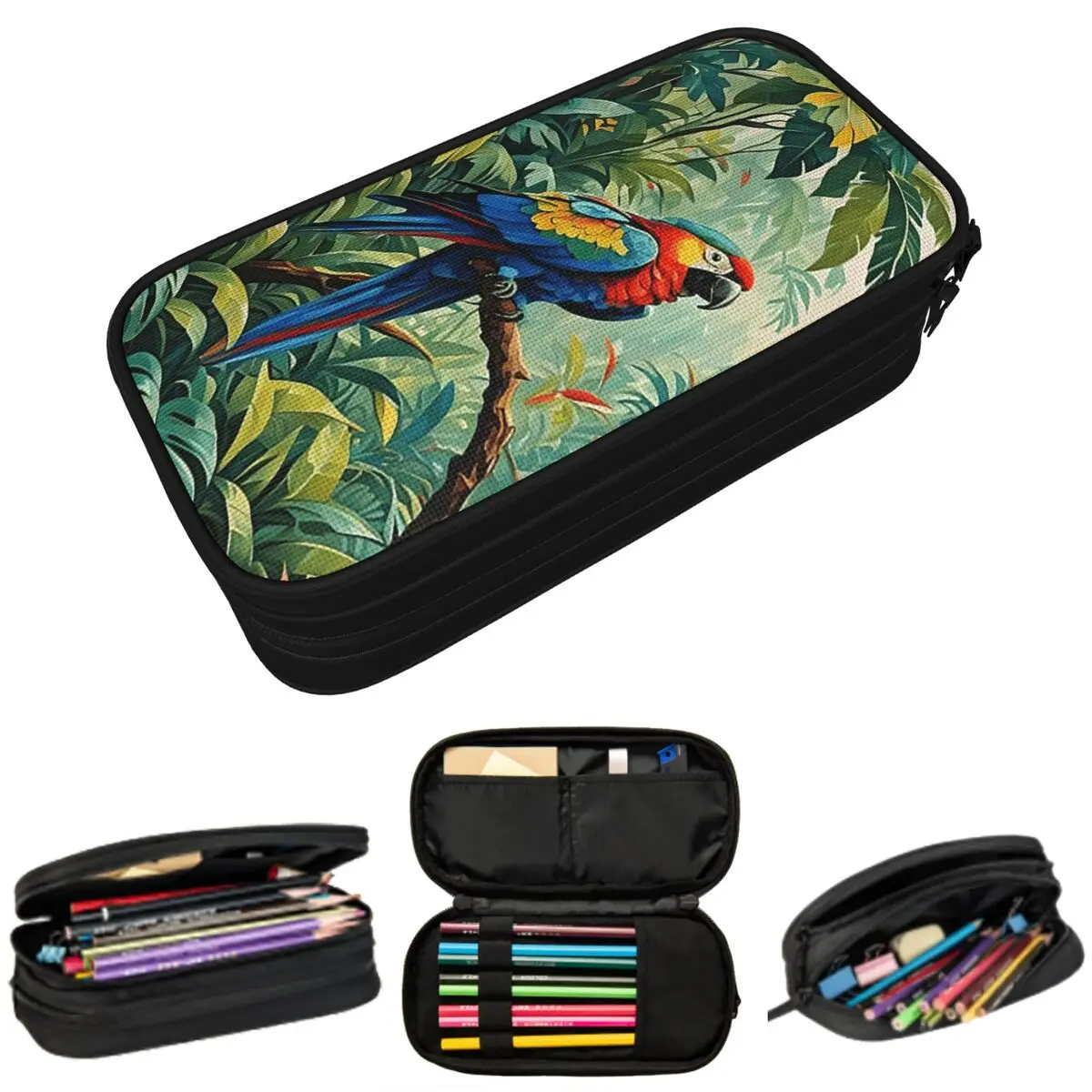 Vibrant Parrot And Forest Tropical Foliage Pencil Case for Boy Girl Gifts Pen Box Pencil Bag Stationery Supplies Pen Holder Bag