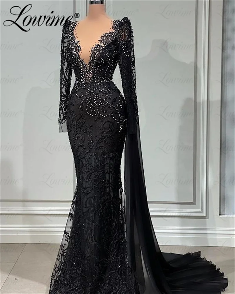 Black Evening Dress Long Sleeves Sheer Neck Beaded Crystals Party Gowns For Women Party Second Reception 50th Birthday Dresses