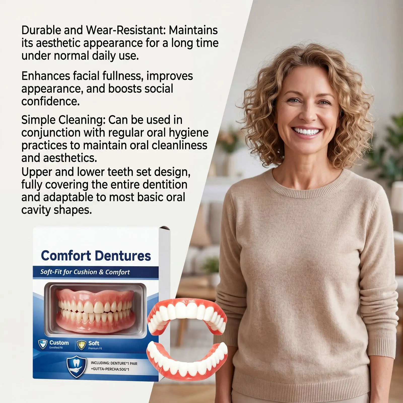 Dentures Full Set Natural Upper Lower Braces Silicone Denture Set for Men Women Instant Confident Fake Tooth Oral Hygiene Care