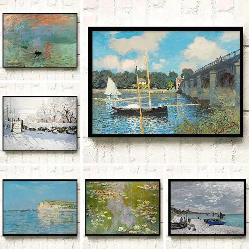 Monet-Póster de lirios de agua, puente de urraca, amanecer, lienzo impreso, arte de pared para sala de estar, decoración del hogar, Stunni