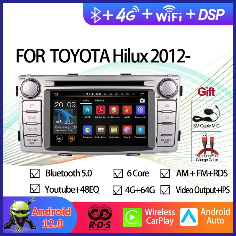 

Автомобильный GPS-навигатор на Android 12, головное устройство для Toyota Hilux 2012, 2013, 2014, 2015, автомобильный радиоплеер, стерео, DVD, BT, мультимедийный плеер