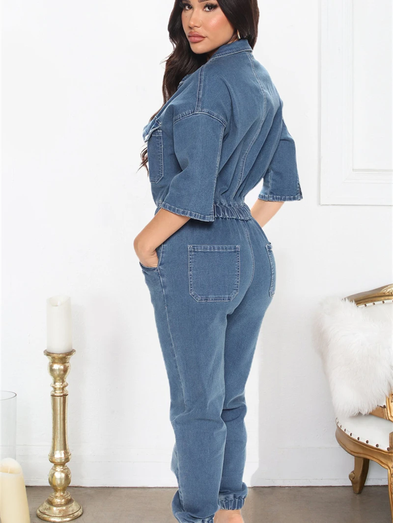 Streetwear Denim Jumpsuits Women Summer Clothes Half Sleeve Button Up Long Rompers Playsuits One Pieces Jeans Pants Outfits