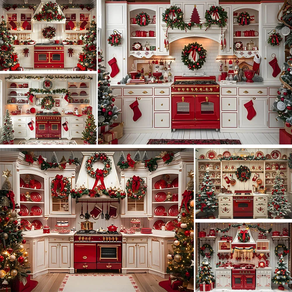 

Mocsicka Christmas Backdrop Kitchen White Cabinet Xmas Garland Family Portrait Photography Background Photo Studio Shoot Props