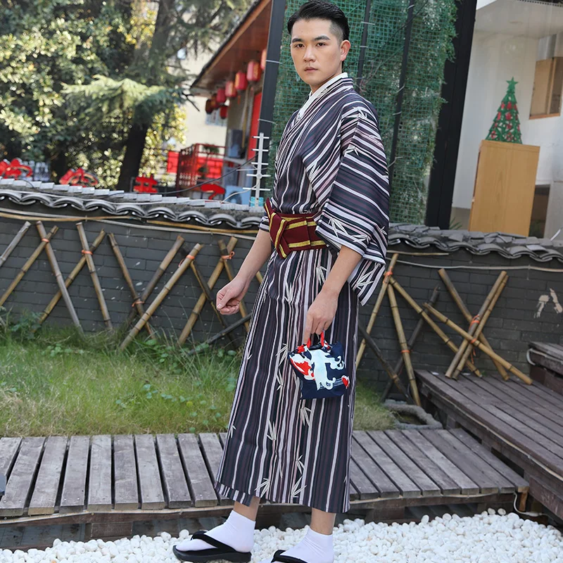 Japanese Men's Kimono With Belt Stripe Style Traditional Samurai Gentleman's Clothing Anti-wrinkle Iron-free Summer For Daily