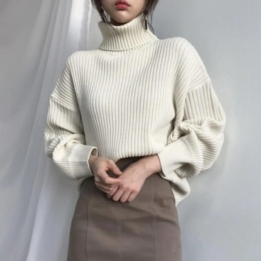 Women Sweater High Collar Neck Windproof Loose Thick Baggy Knitted Elastic Warm Fall Winter Pullover Lady Sweater