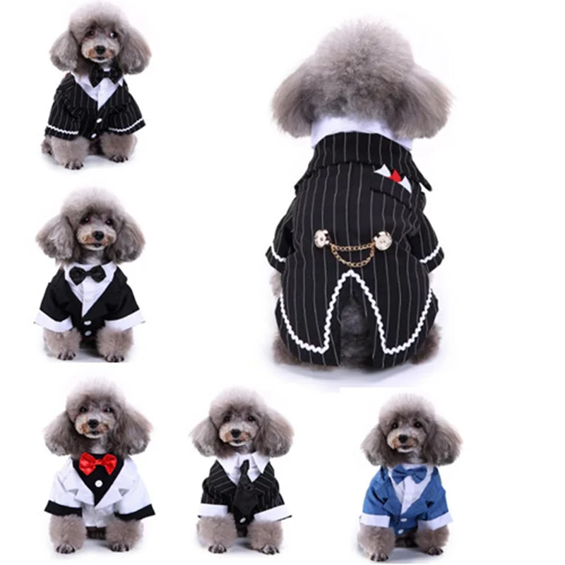 Gentleman Pet Dog Clothes Dog Pet Wedding Suit Lovely mascot suit Striped Tailcoat coat bow French Bulldog Halloween suit