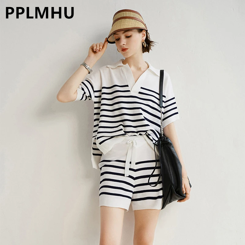 Summer Striped Knit Tshirts Two Piece Sets Women\'s Casual Loose V-neck Knitwear Jumper Tee Tops Suit Lace Up Shorts Conjunto