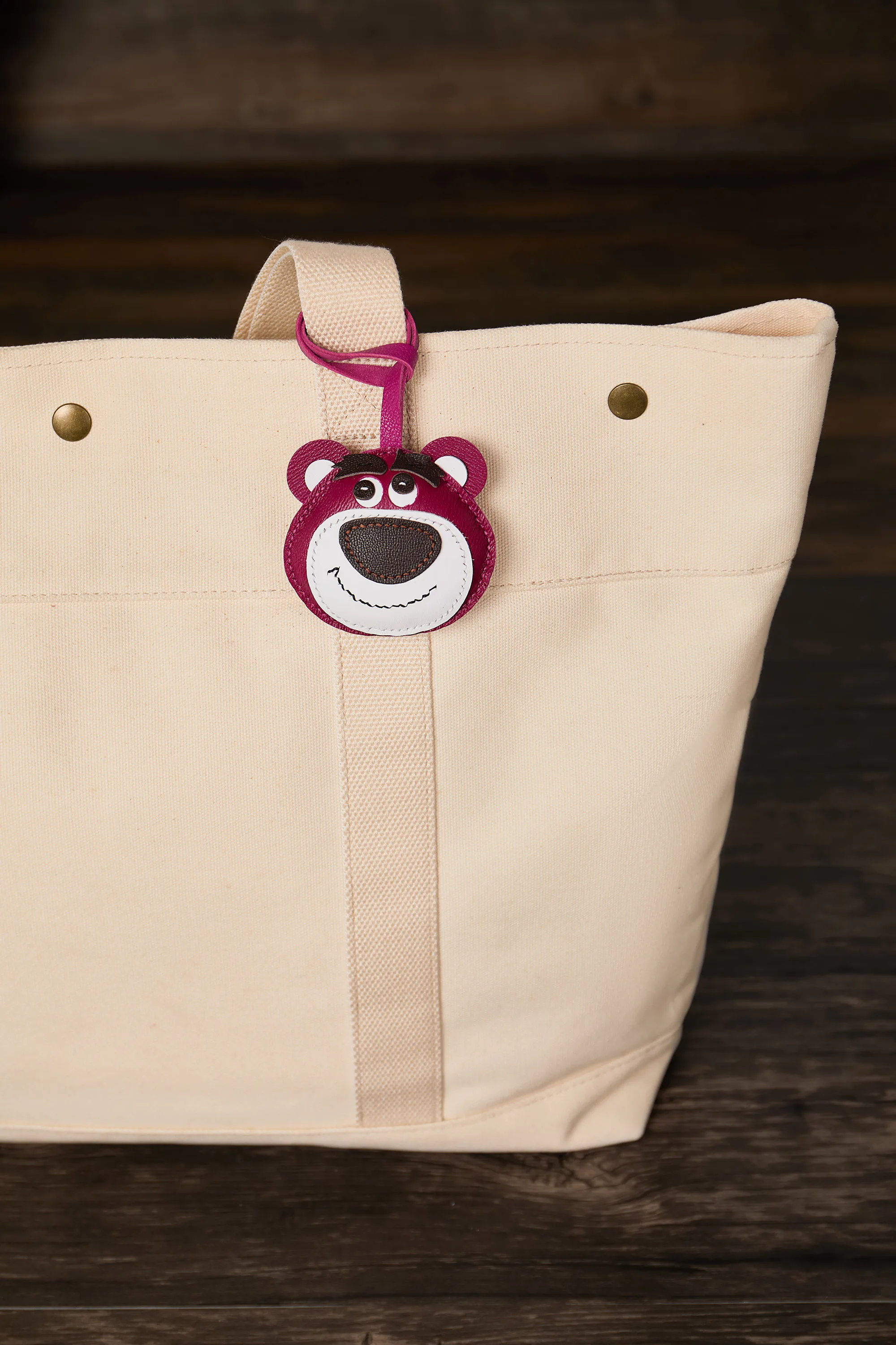 Handmade Leather Cute Pink Bear Bag Charm with Happy Big Smile - Hanging Pendant Ornament for Handbags, Canvas Totes & Keys