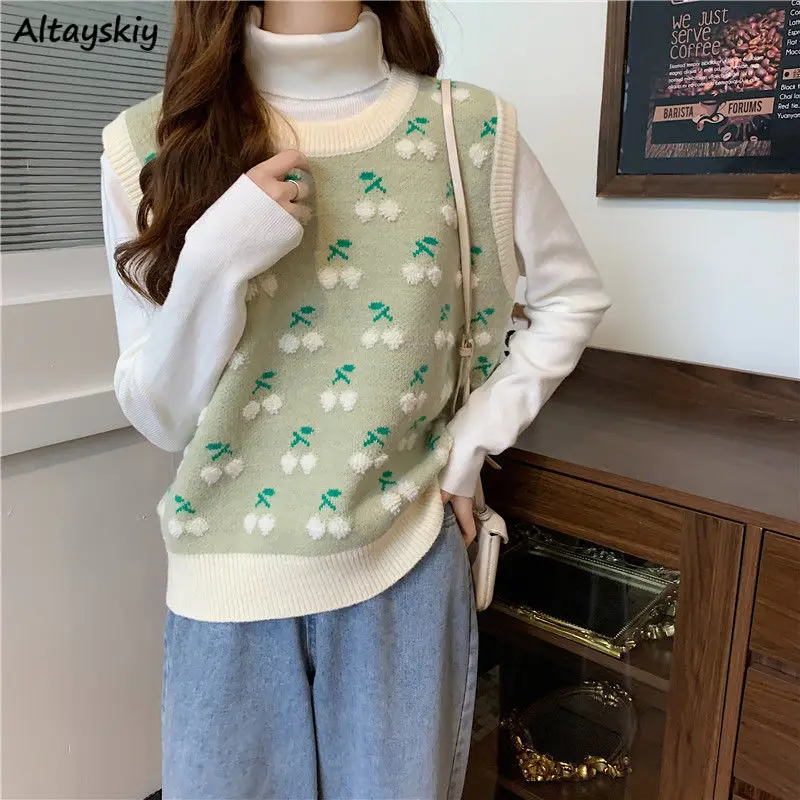 Sweater Vests Women Fashion Sweet O-neck Cherry Knitwear Korea Style Loose All-match Harajuku Kawaii Spring New Ootd Ulzzang