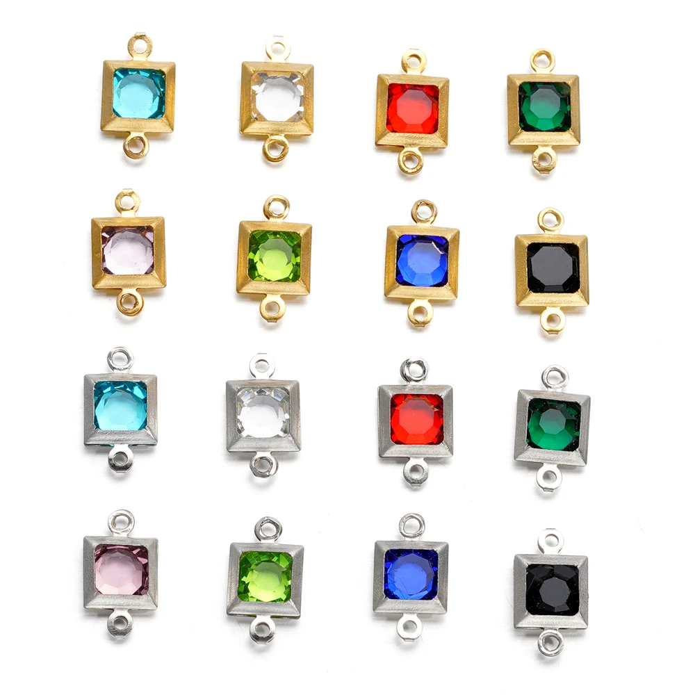 10pcs/lot Stainless Steel Crystal Square Double Ring Pendants for DIY Bracelet Necklace Beads Jewelry Making Accessories