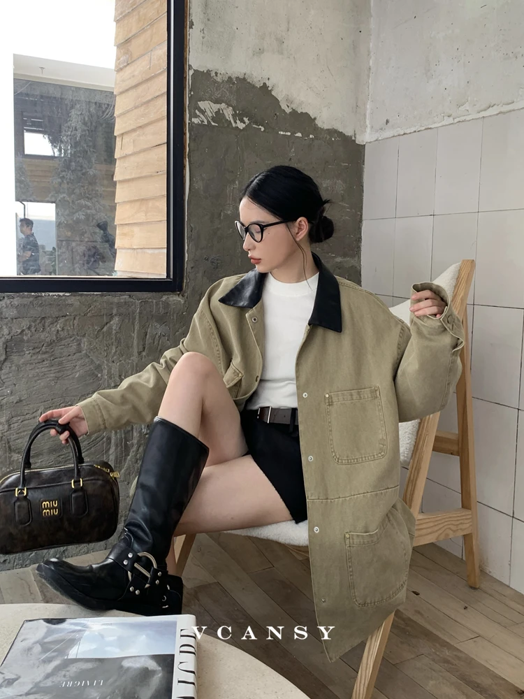 

Vcansy, осенний сезон, цветная замшевая джинсовая куртка, женское винтажное рабочее пальто Utili Sle, длинное све, средней длины