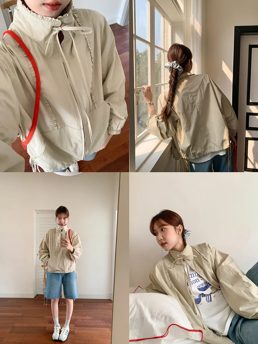 

Linyunyun Women's Casual Jacket Coat Khaki Tie Collar Open Cardigan Spring 2025 Loose Fit Long Sleeve Zipper Closure