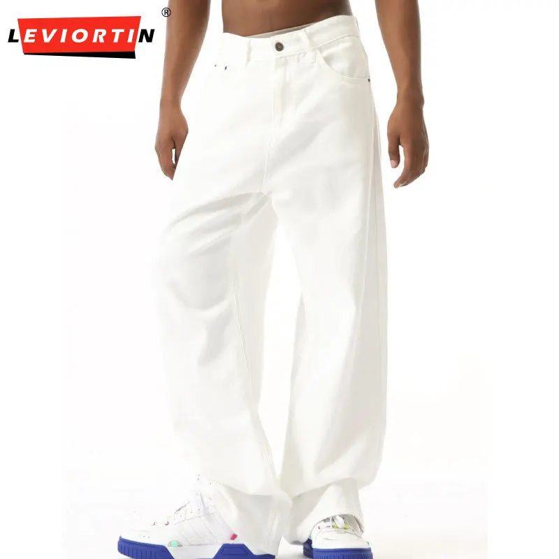 

2025 Men's four season retro Japanese fashion trend straight leg casual pants, white washed loose casual simple denim pants