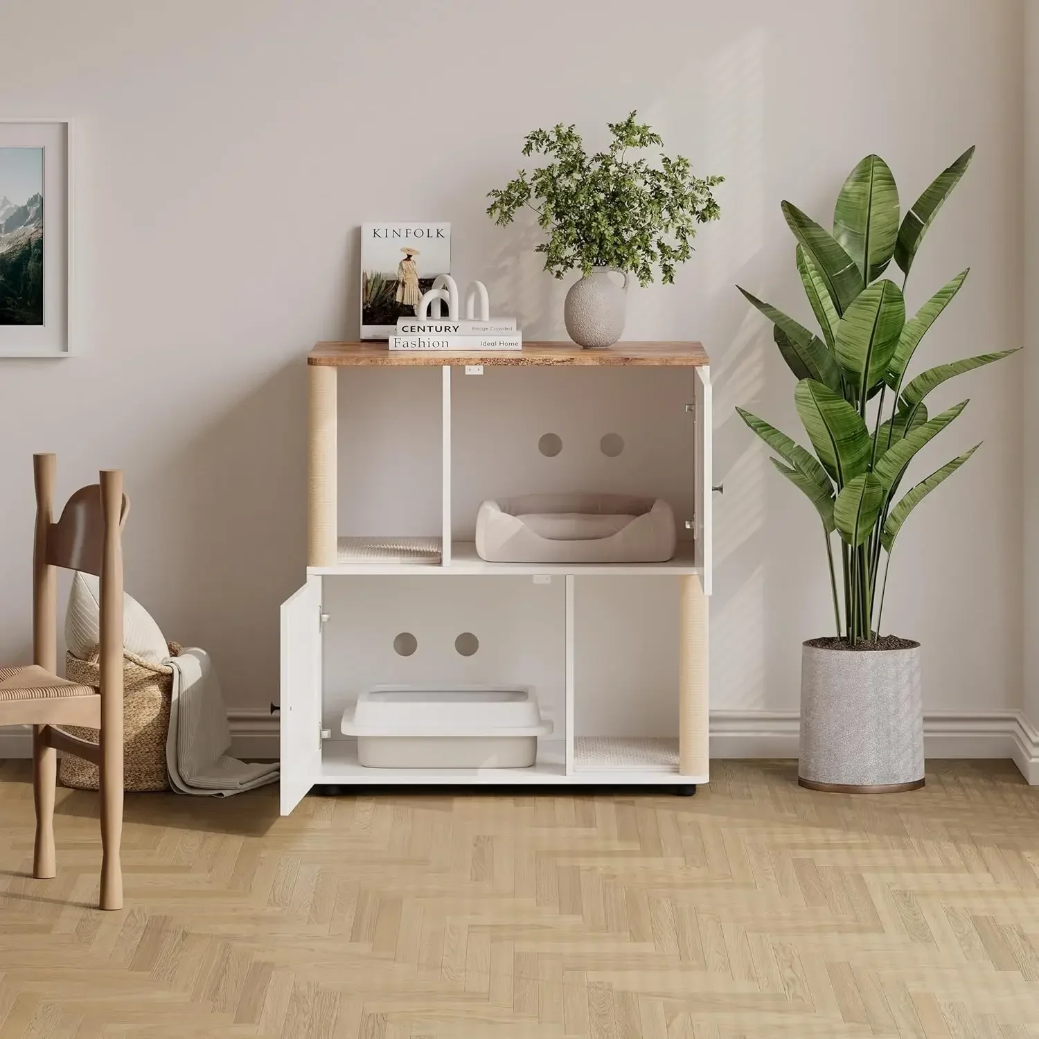 Double Cat Litter Box Enclosure Furniture for 2 Cats – 2-Tier Modern Farmhouse Cabinet, Mark Post, Odor Control, Hidden Washroom