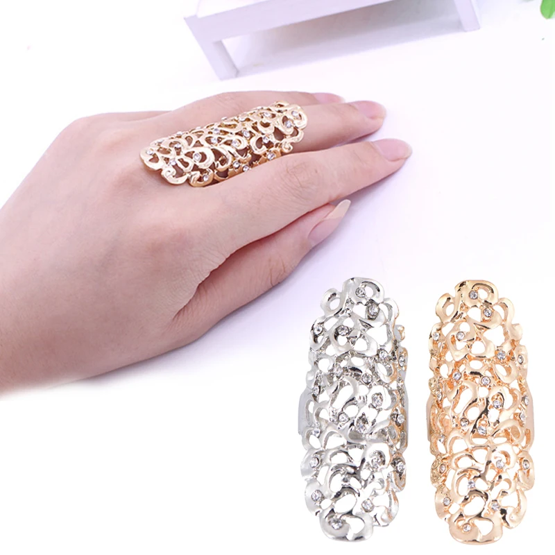 Hollow Out Rings New Fashion Retro Exaggerate Crystal Gold Color Big Knuckle Rings For Women Jewelry Gifts Long Wedding Rings