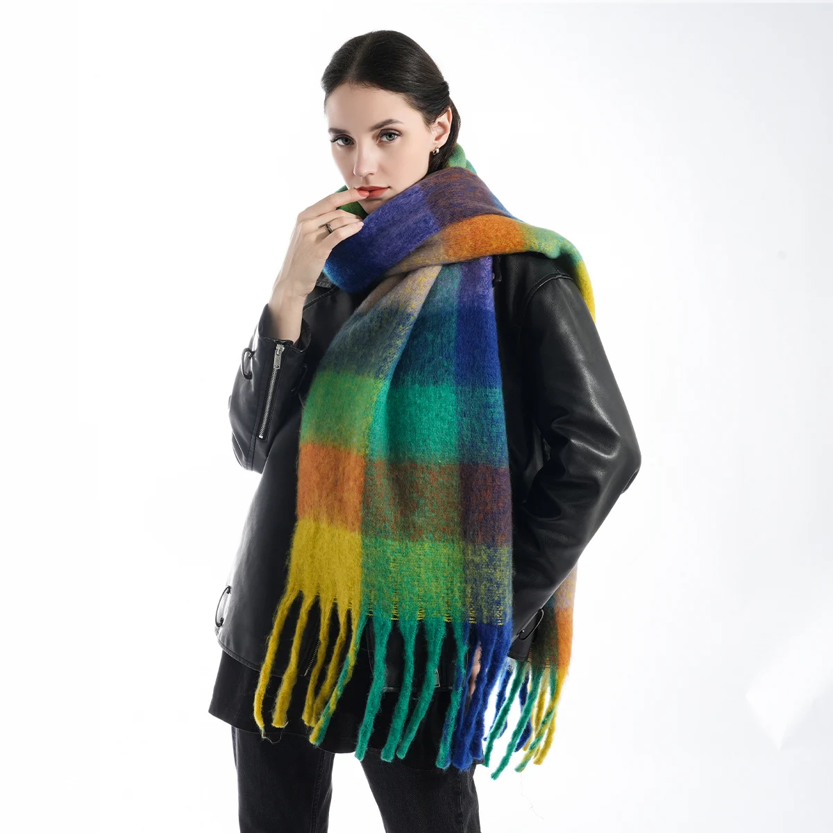 New fashionable imitation cashmere mohair colored ac plaid scarf, casual, soft, thick, warm, long tassel winter scarf shawl