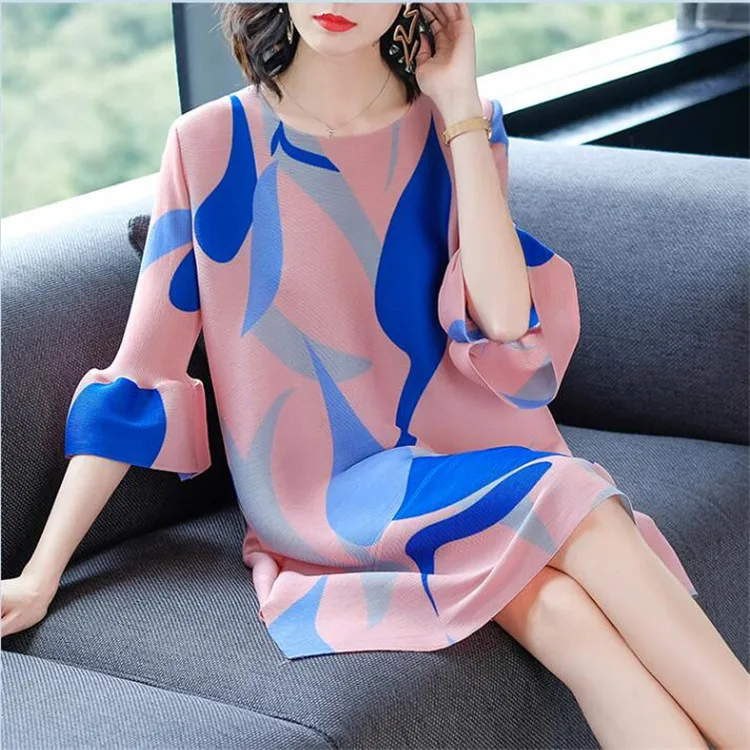 2023 Summer New Contrast Pleated Loose Size A-line Dress Printed Dress for Women  maxi dresses  LOOSE