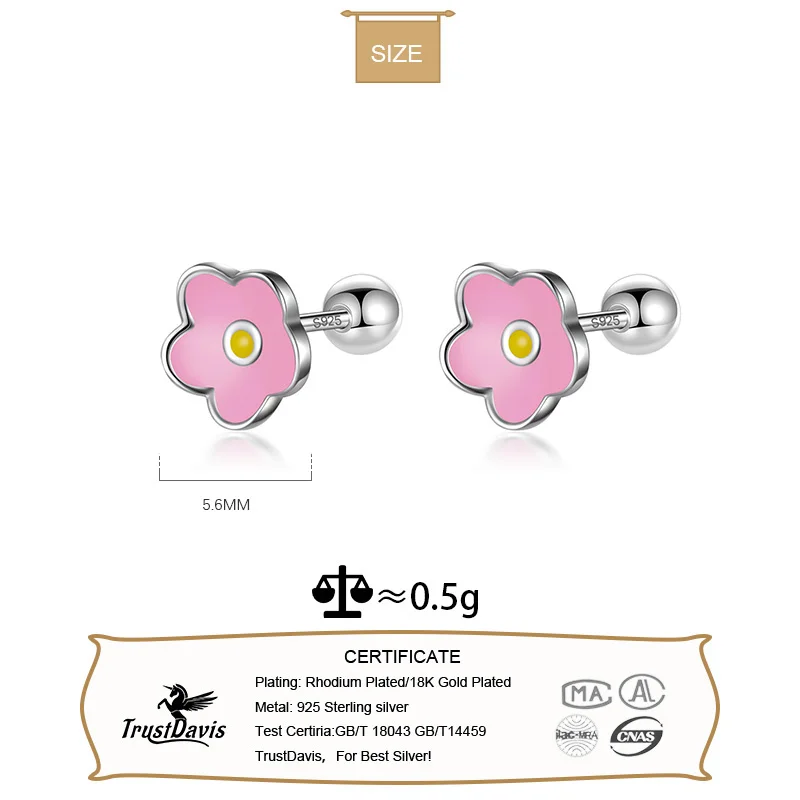 TrustDavis Real 925 Sterling Silver Kids Stud Colour Glaze Flower Screw Stud Earrings For Daughter Girls Fine Jewelry Gift DF362