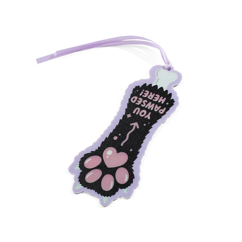 1pc Cute Cat's Paw Purple Acrylic Bookmark with Ribbon, ‘Your Paws Are Here’ Reading Marker Stationery for Bookworms Book Loves