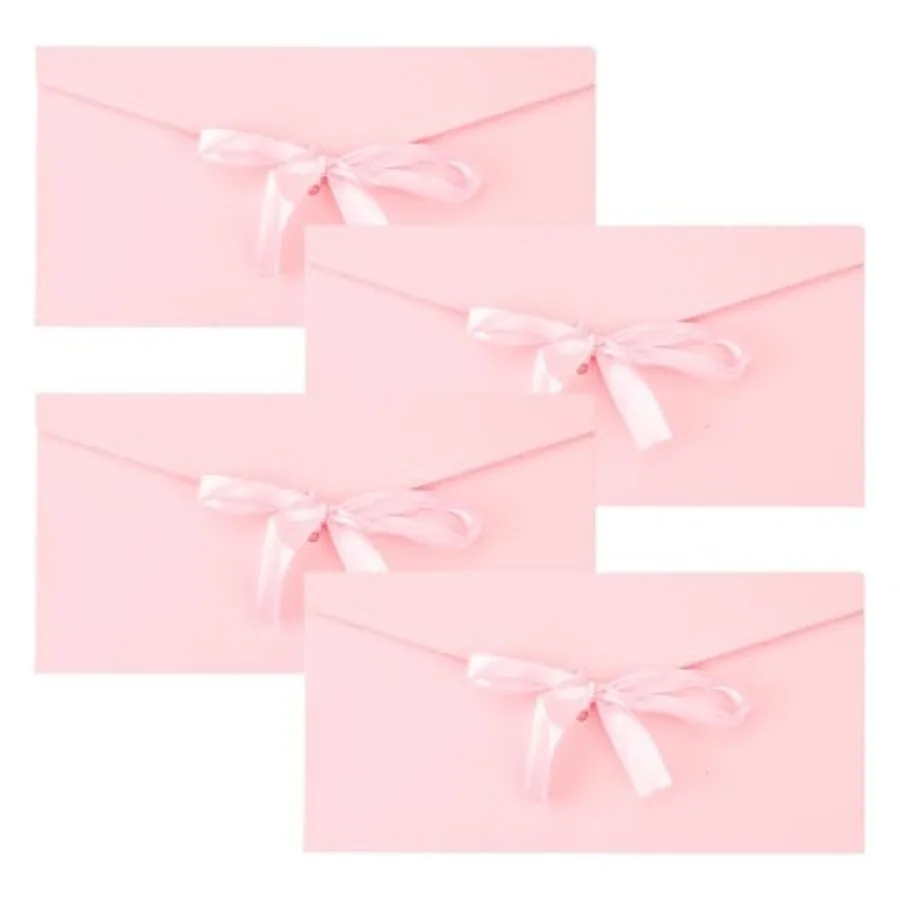 Kraft Paper Envelopes - 4 Pack Retro Pink Money Cash Gift With Ribbons, Vintage Invitation Greeting Card for Handmade Invitatio