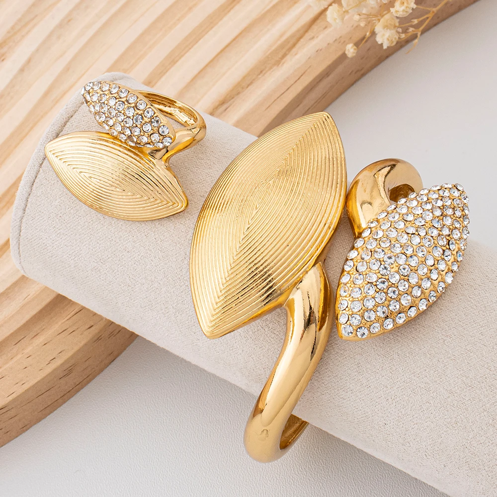 Vintage vergoldetes Blatt-Armreif-Ring-Set, vollständig mit Strasssteinen besetztes Armband, verstellbarer Ring für Damen, Abendparty-Schmuck – Detail 4