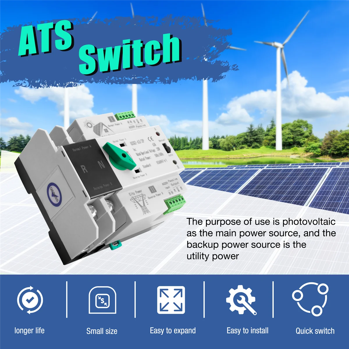 Energia Solar Fotovoltaica ATS Interruptor de Transferência Automática, Energia do Sistema PV para o Poder da Cidade, Trilho Din, 2P, 63A, 220V AC