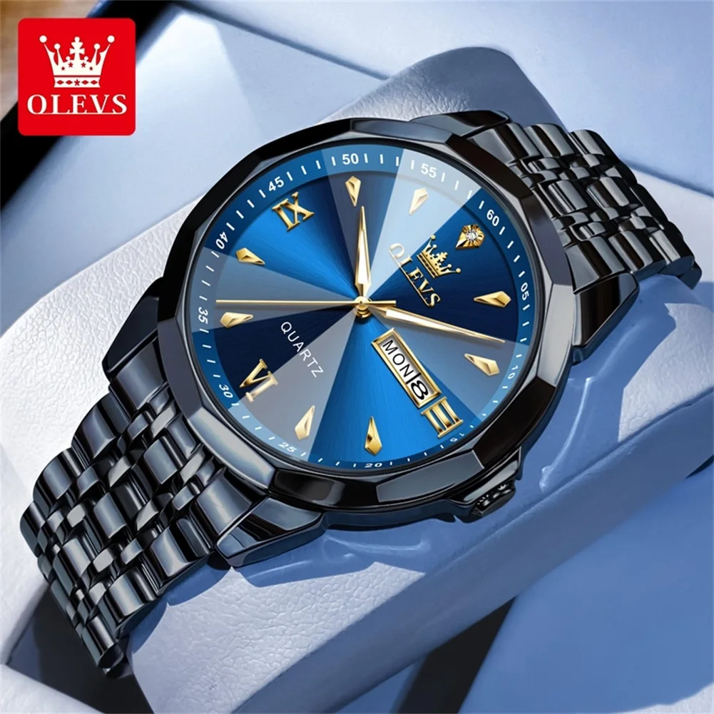 OLEVS 9998 Mens Watch 41MM Dial Day-Date Quartz Watches For Men Waterproof Stainless Steel Original Mens Clock 2026 New
