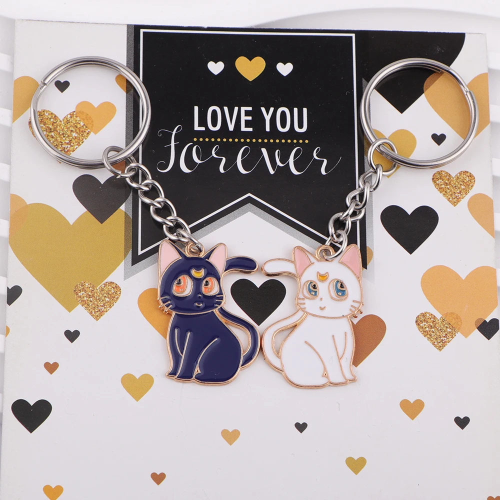 Cute Cartoon White Cat And Blue Cat Keychain Alloy Charms Pair Cats Key Ring Best Friend BFF Friendship Keyring Jewelry Gifts