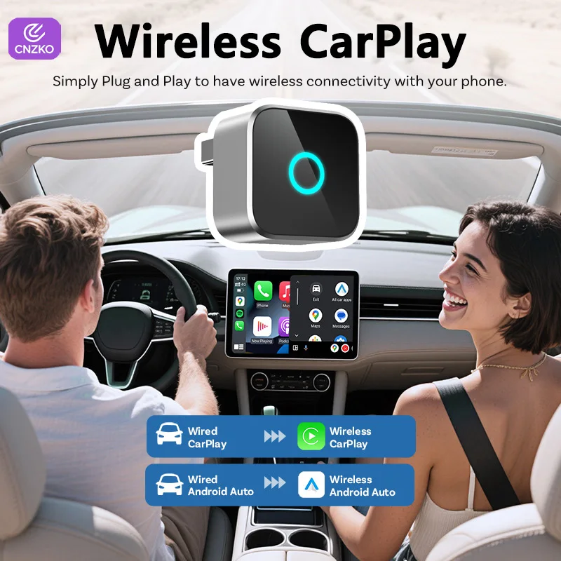 2026 CNZKO Mini SLIM Wireless CarPlay Android Auto Adapter for iPhone Android Phone Smallest 2 IN 1 USB Dongle Fast Connect