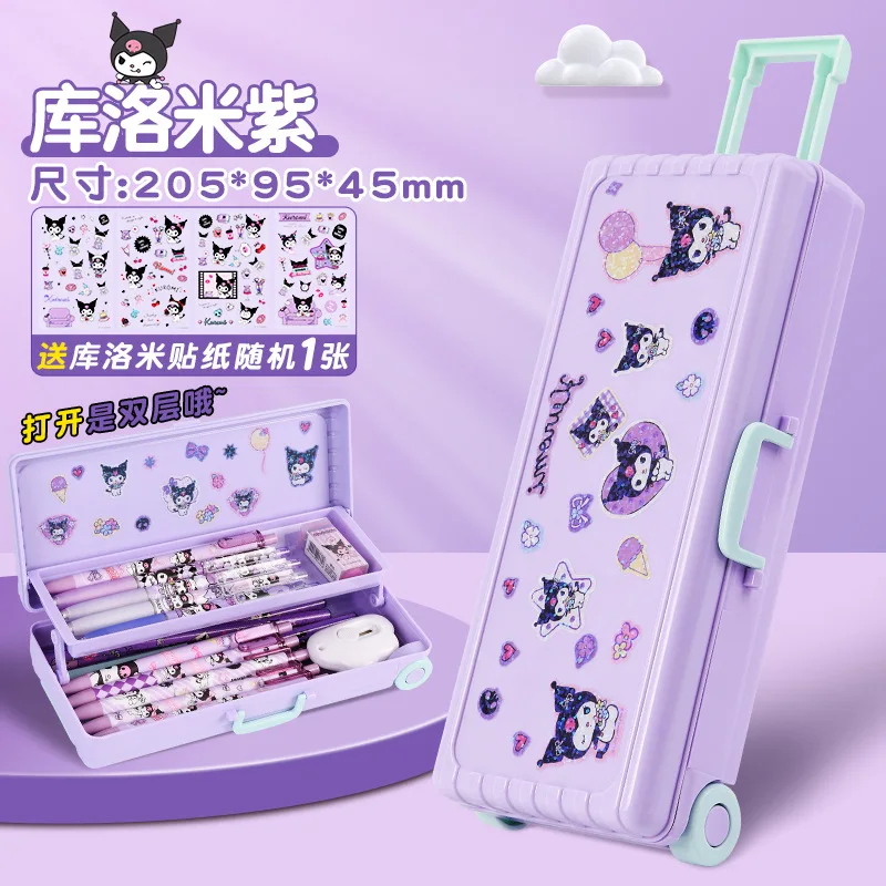 Sanrio New Student Stationery Cartoon Kuromi Trolley Box Stationery Box Large Capacity Double Folding Pencil Case Charm Gift