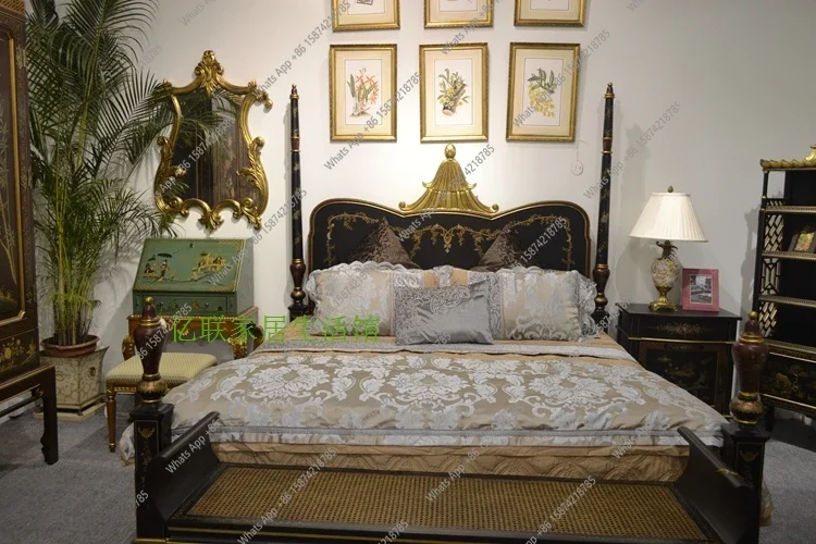 

Xx American Luxury Atmospheric Retro Solid Wood Bed 1.8 Meters Black Gold-painted Antique French Bed Bedside Table Combination