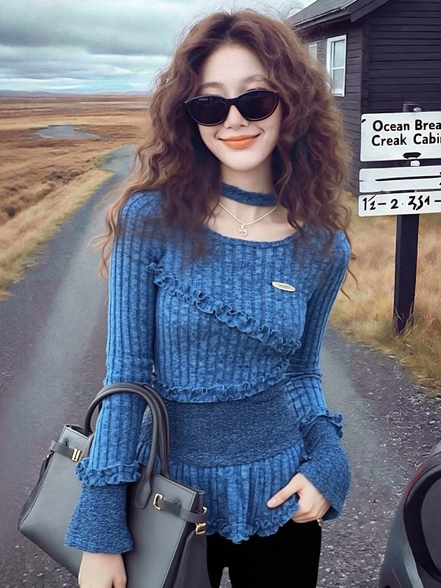 

Korean Style Blue Irregular Long Sleeve Women's T-Shirt 2025 Autumn Winter New Slim Fit Inner Knitted Base Shirt Top