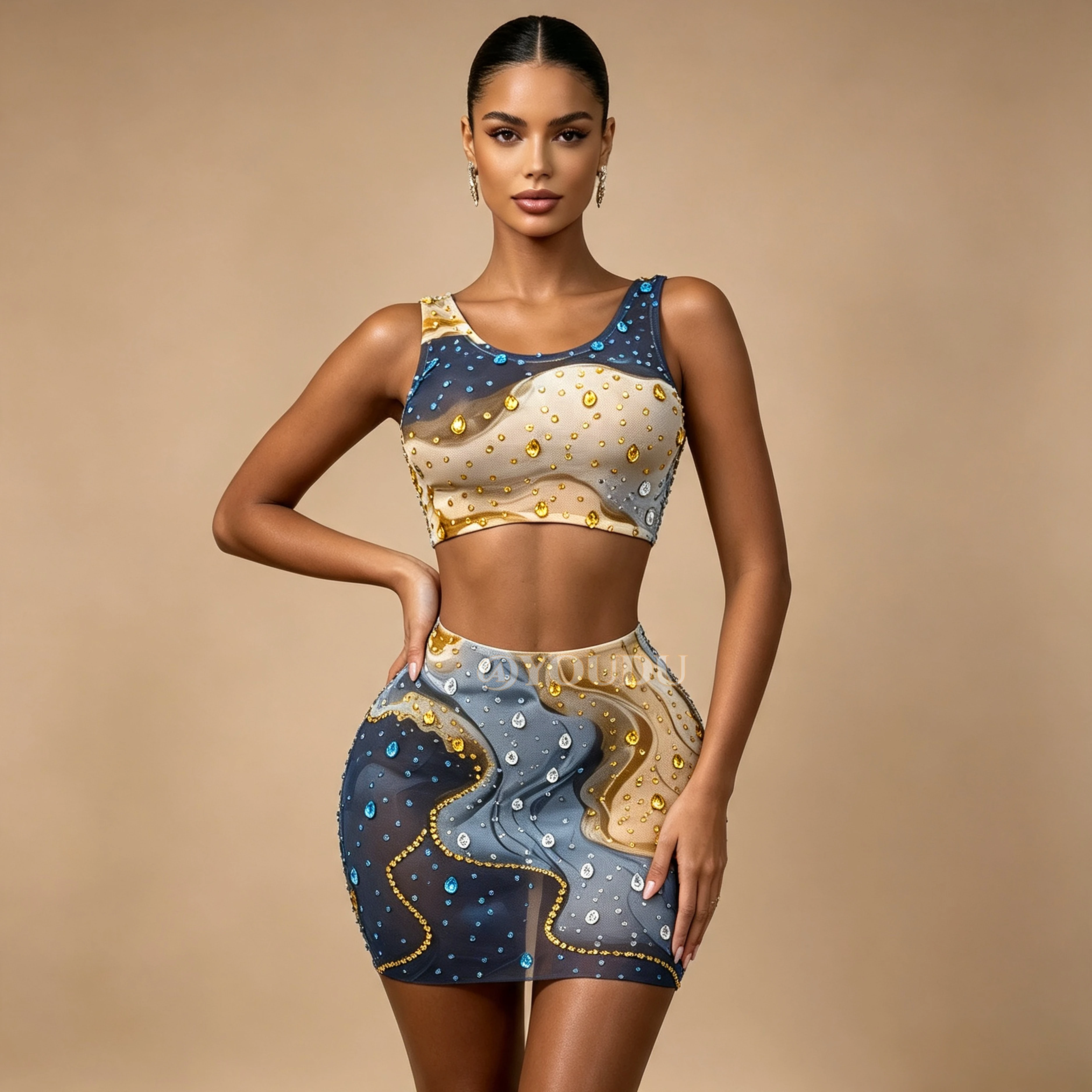 Blue Gold Rhinestones Vest Skirt Spandex Dance Dress Stretch Sleeveless  Opera Stage Costume outfit lanzhuangyan