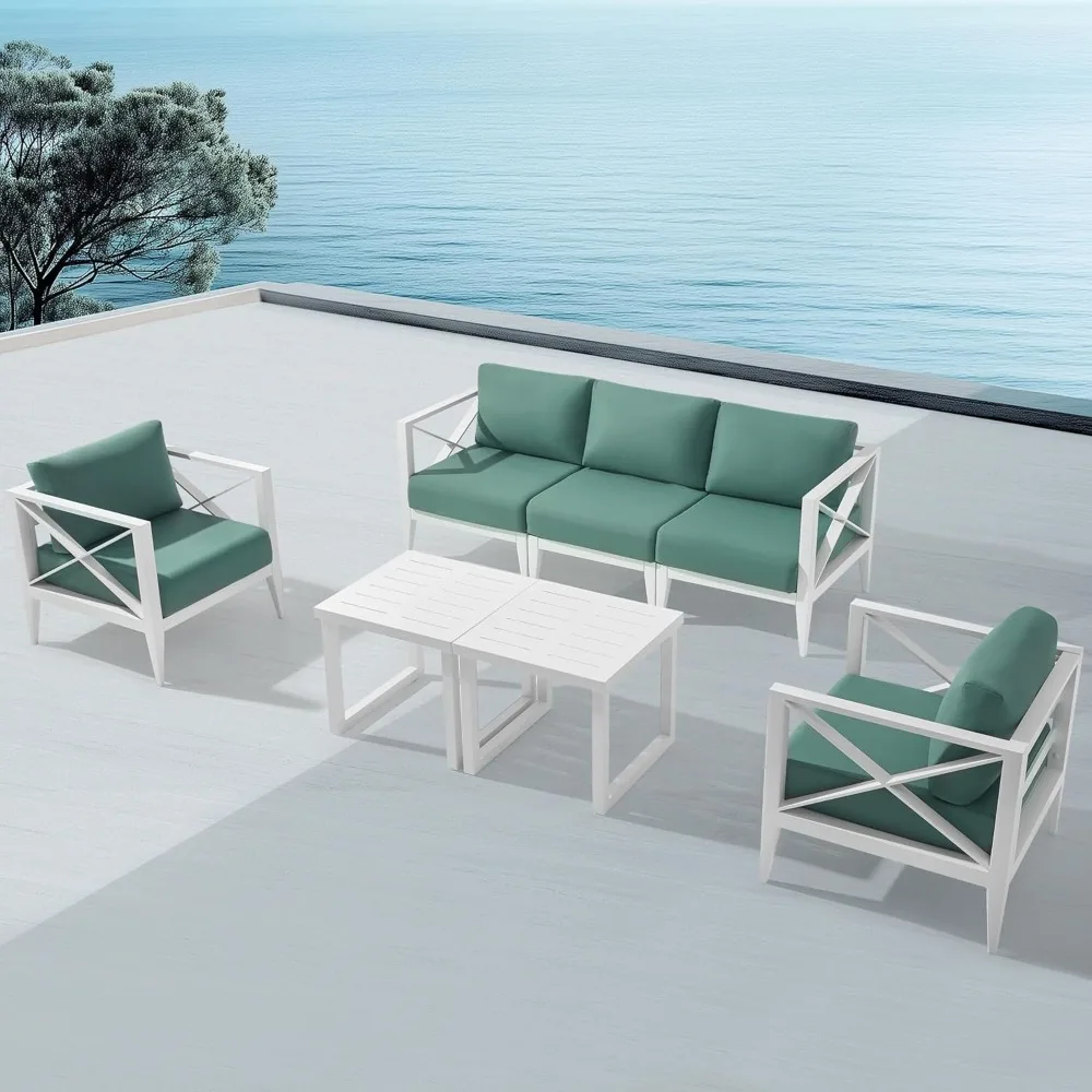 

MBY Outdoor Aluminum Patio Furniture Set, 5-Seats Patio Conversation Sofa Set with 2 Coffee Tables, All Weather for Pool, Balcon