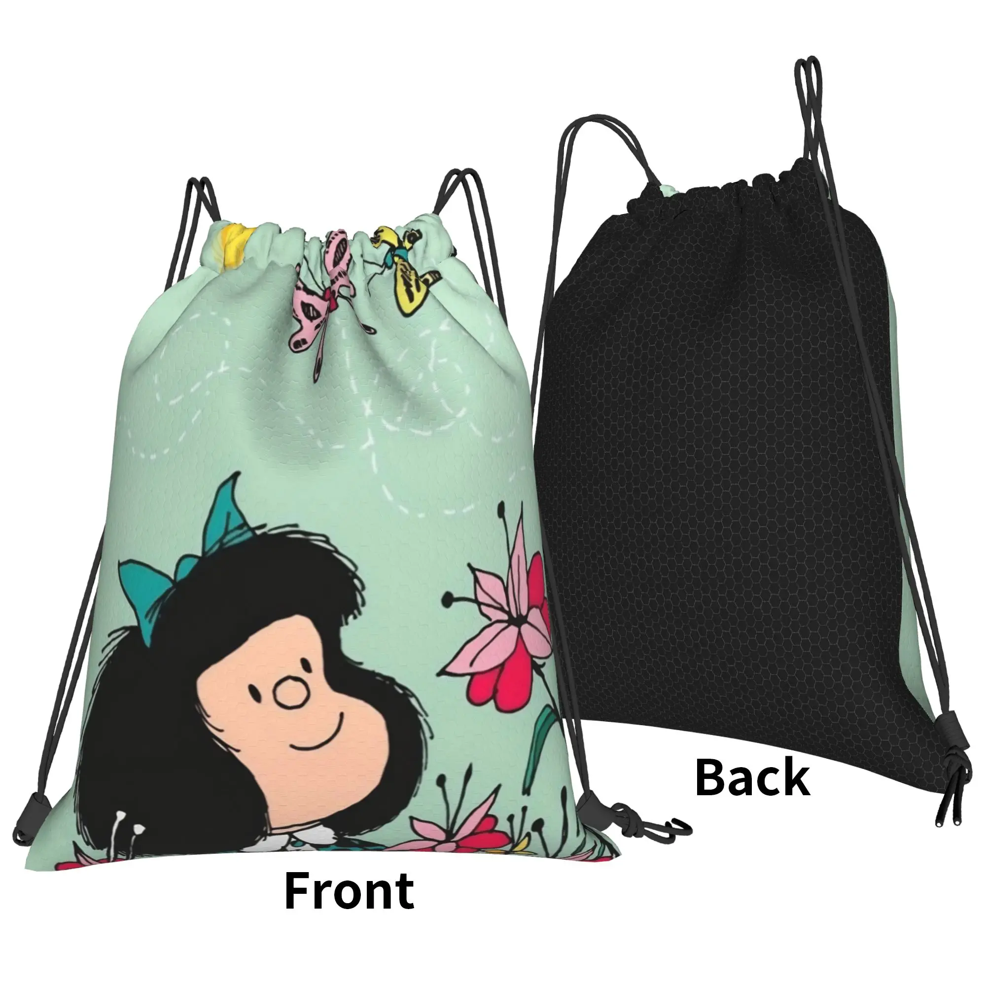 Mafaldas Cartoon Flowers Backpack Drawstring Football Bags Gym Bag Water Resistant  String Sackpack Hiking 36cm (W) x 43cm (H)