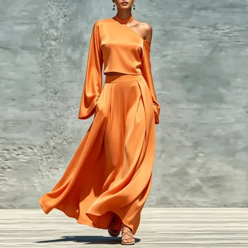 Greenora Elegant Solid Cold Shoulder Dress Set Ladies Asymmetric Long Sleeve Crop Top & Long Skirt Suit Autumn Party Guest 2 Pie